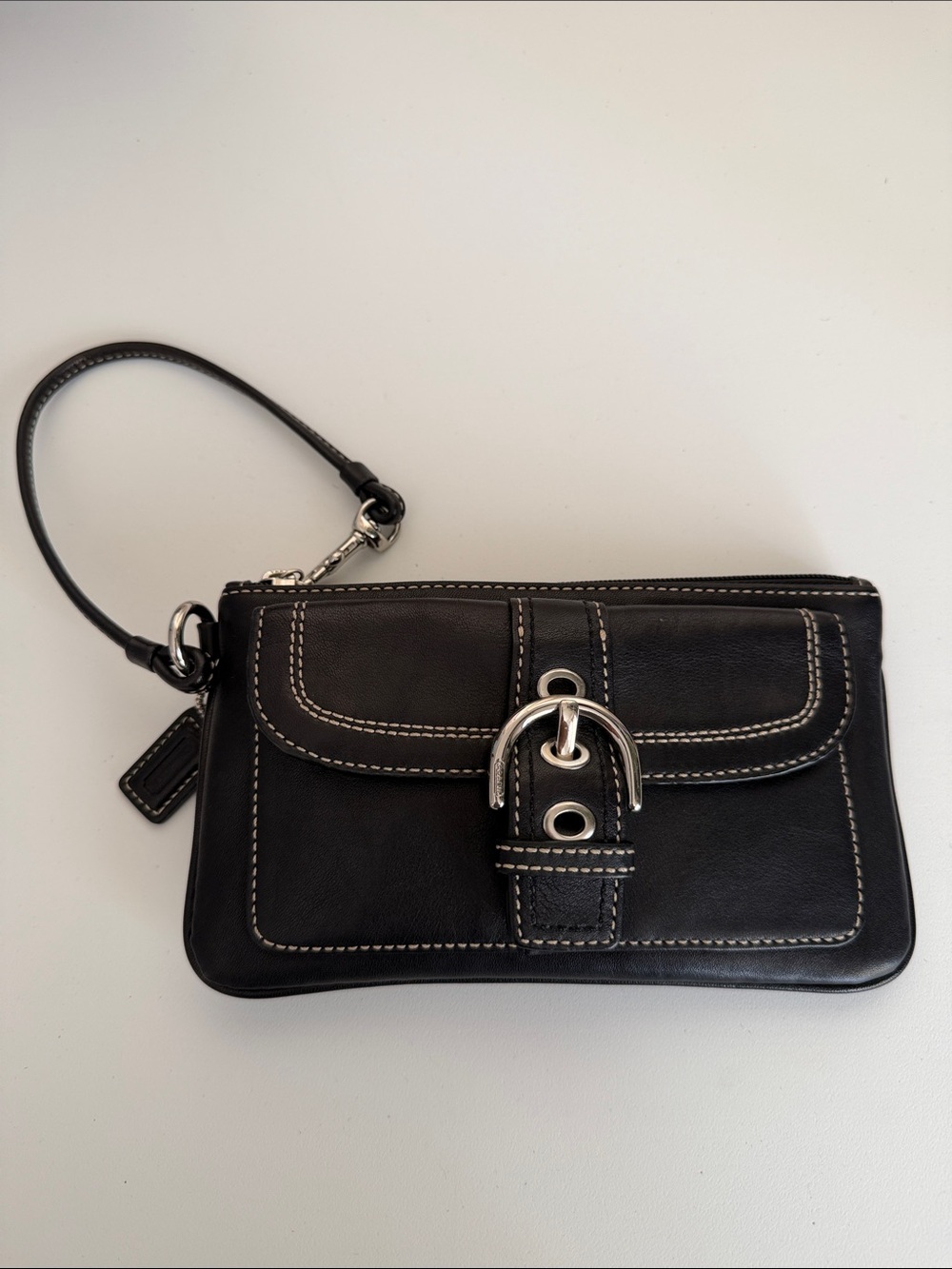 Coach Black Leather Wristlet with Silver Buckle Accent